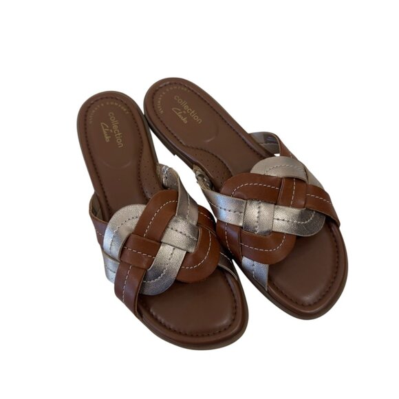 Clarks Collection Women SZ 5.5M Brown & Rosegold Woven Slide Sandal - Picture 2 of 14